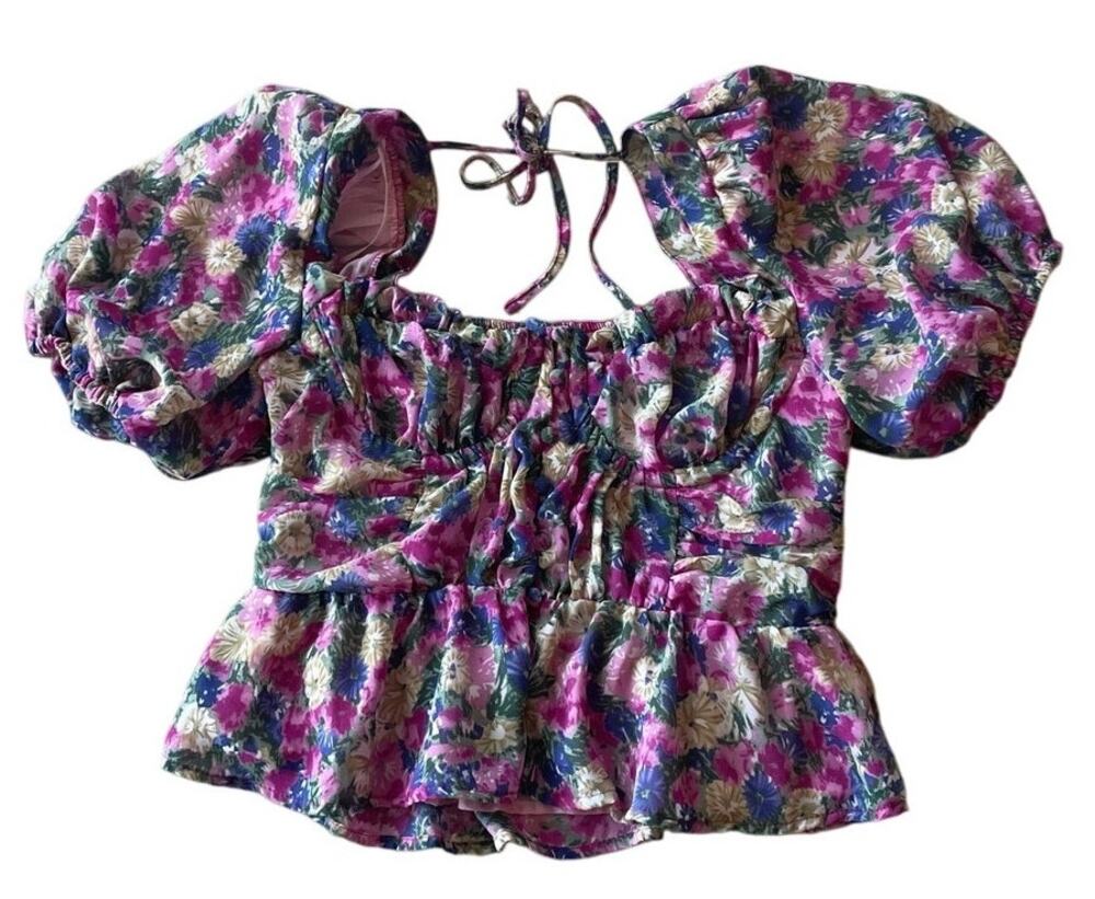 ASTR Womens Medium Floral Bustier Corset Puff Sleeve Milk Maid Peplum Feminine